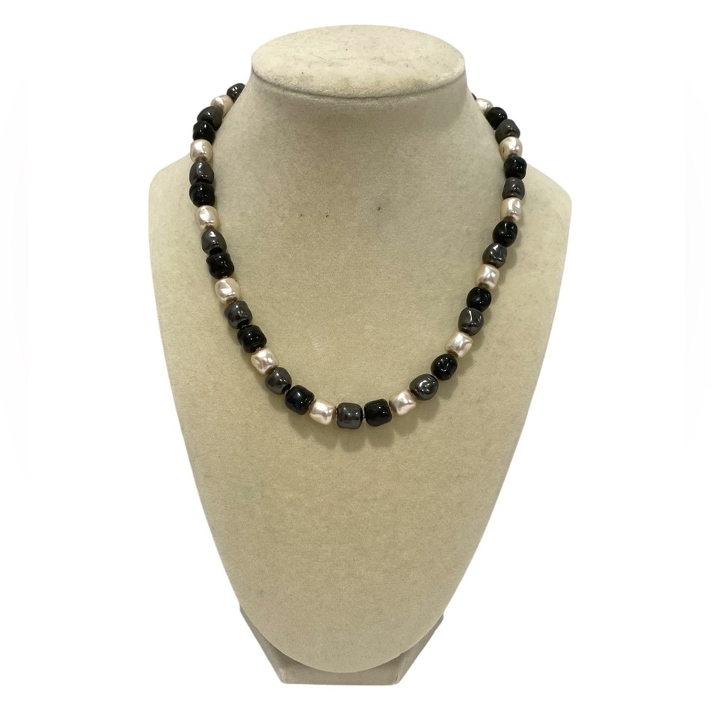 Black Gray & Cream Faux Pearl Beaded Adjustable Necklace